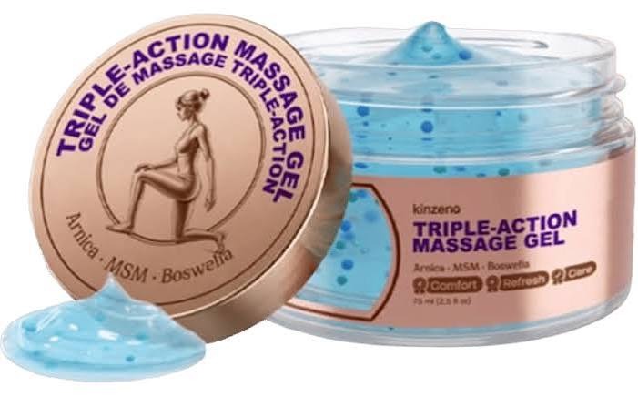 Kinzeno Triple-Action Massage Gel jar with blue gel, arnica, MSM and boswellia on the lid